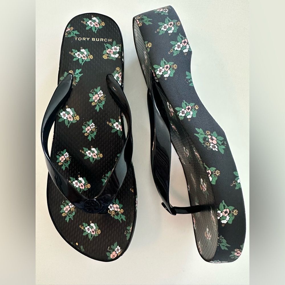 Tory Burch Black Floral Wedge Flip Flops
